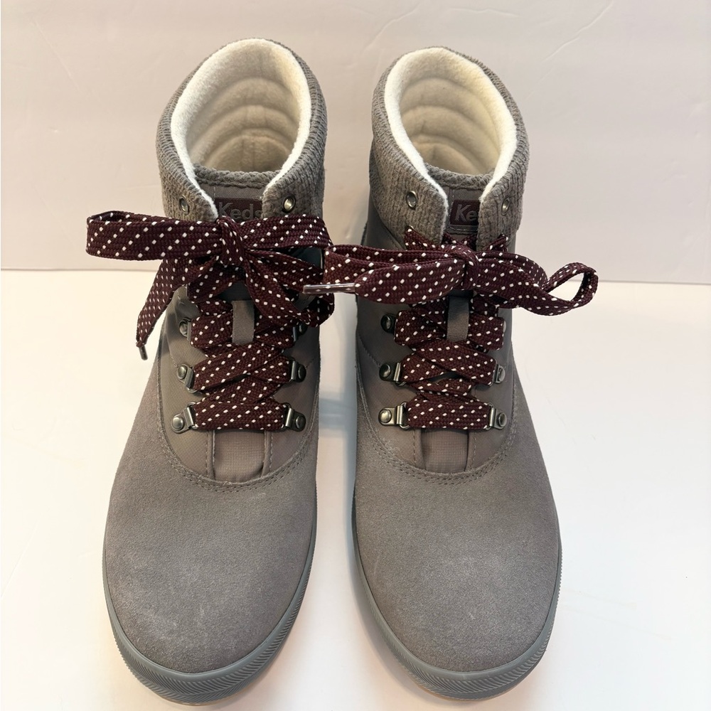 Keds Suede Snow Boots Gray Lace Up Thinsulate Fleece Lined Waterproof Polka Dot - Picture 3 of 8